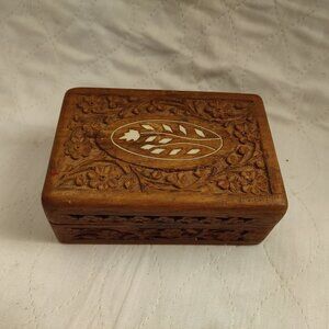 Inlaid Wood Carved Ornate Hinged Lid Vintage Bohemian Trinket Jewelry Box